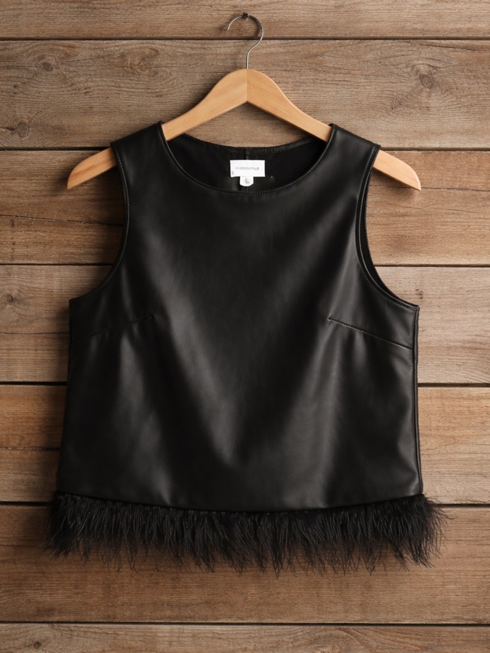 For Cynthia Black Faux Leather Feather-Hem Crop Top Size S